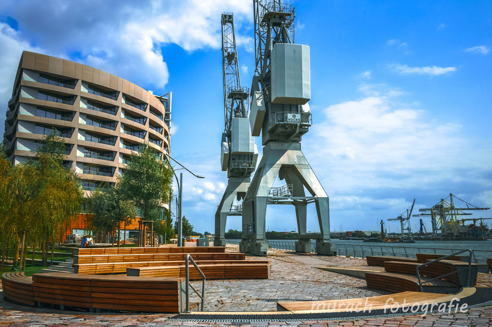 alte hafenkraene in der hafencity am tag murach fotografie